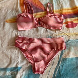 SHEIN Red & White Striped Bandeau Bikini Set